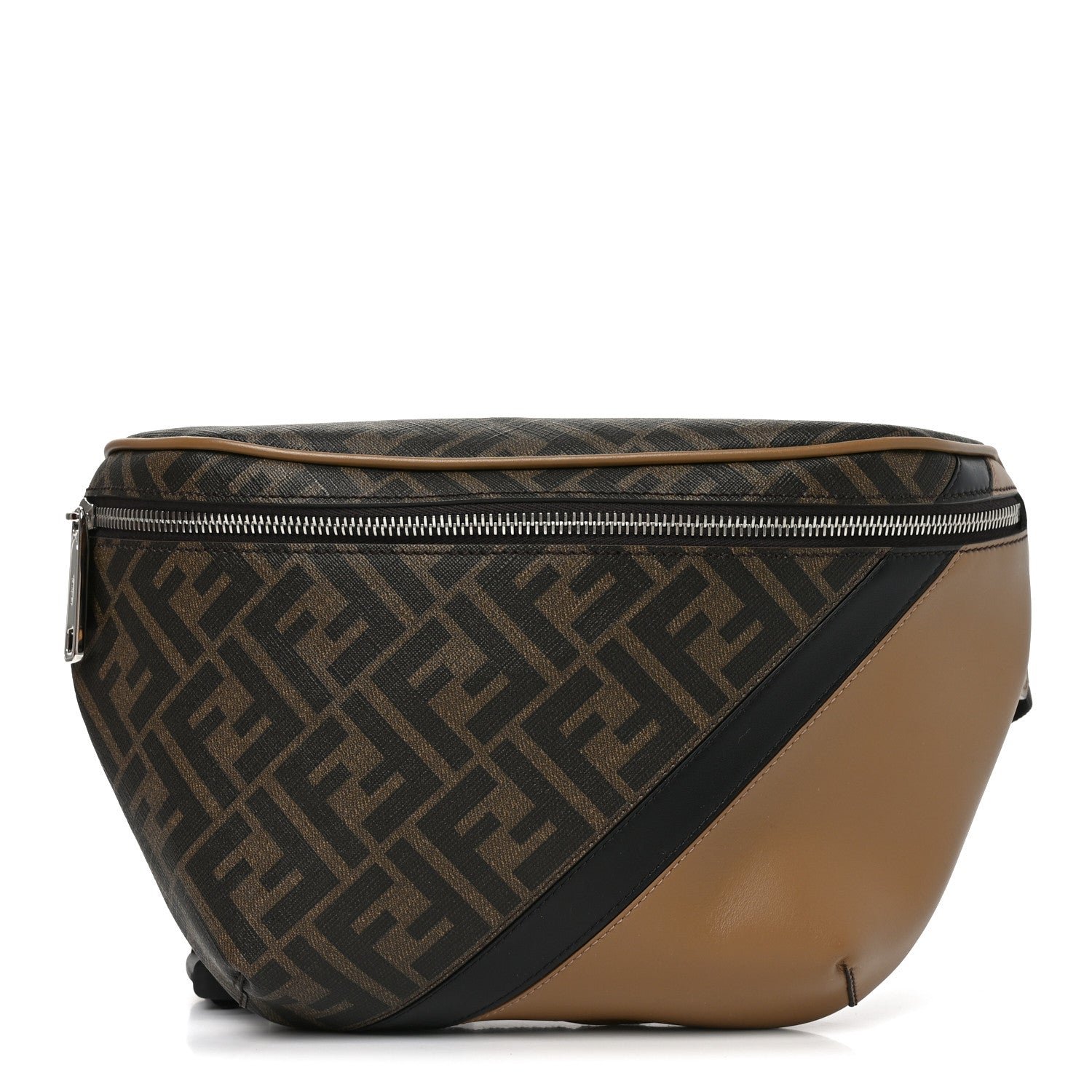Fendi Glazed Fabric Vitello Liberty FF 1974 Diagonal Belt Bag Tobacco Miele Scuro Black