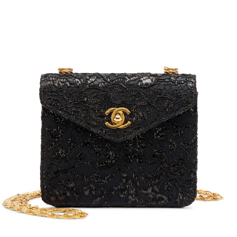 Vintage Black Lace and Satin Mini Square Classic Single Flap Bag Gold Hardware, 1997-1999