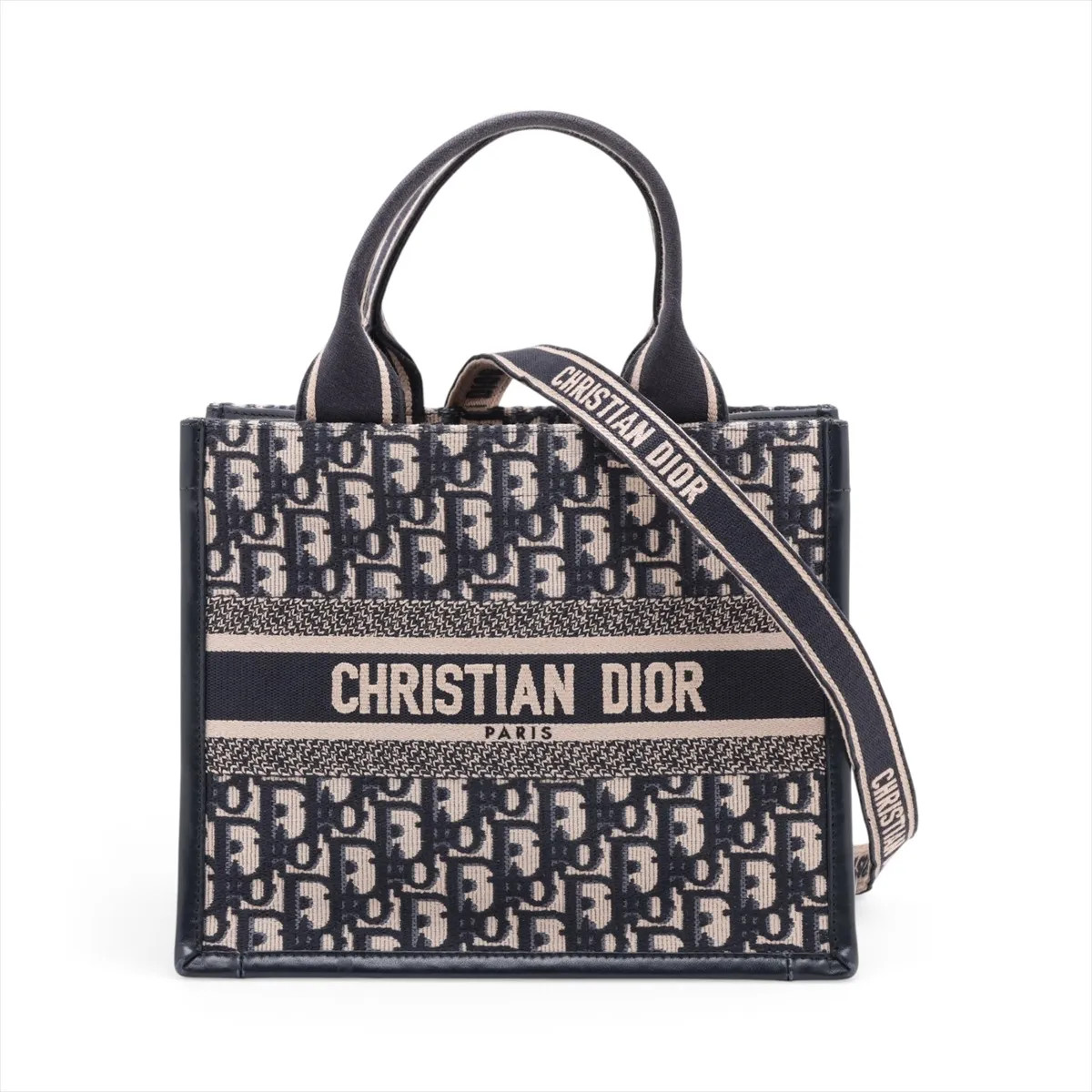 Christian Dior Oblique Book Tote Small Canvas & Leather 2 Way Handbag Navy Blue