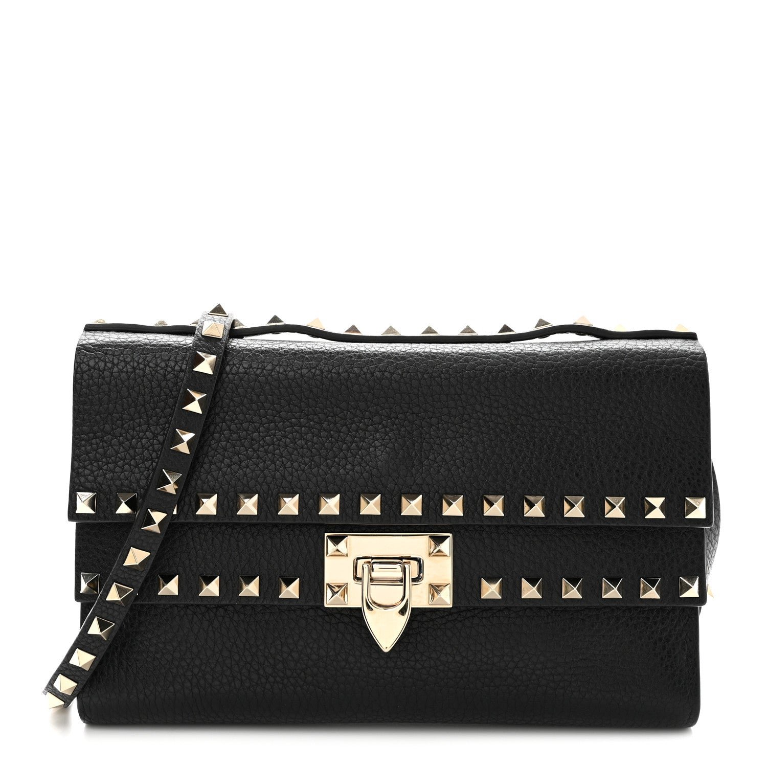Valentino Garavani Pebbled Calfskin Rockstud Double Flap Crossbody Bag Black