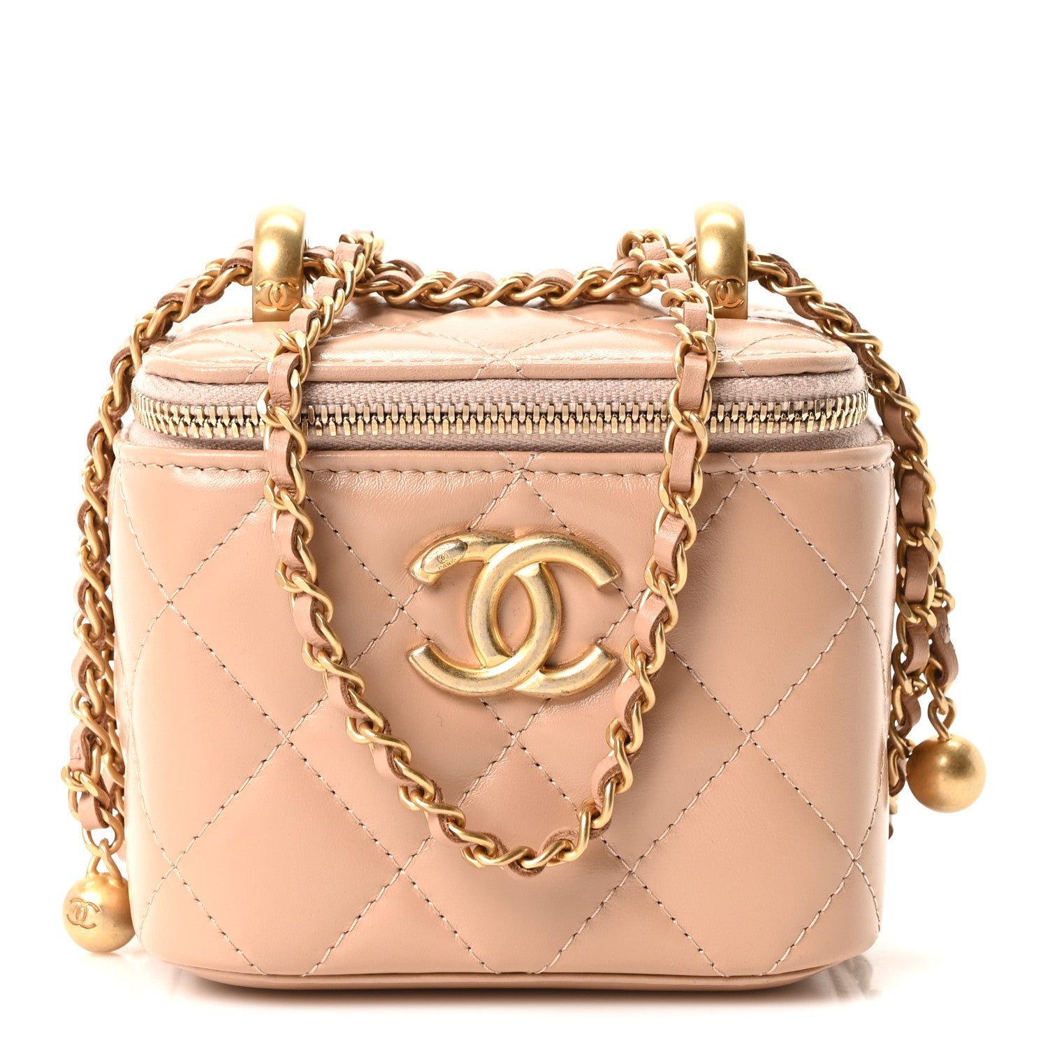 Chanel Calfskin Quilted Mini Perfect Fit Vanity Case With Chain Beige