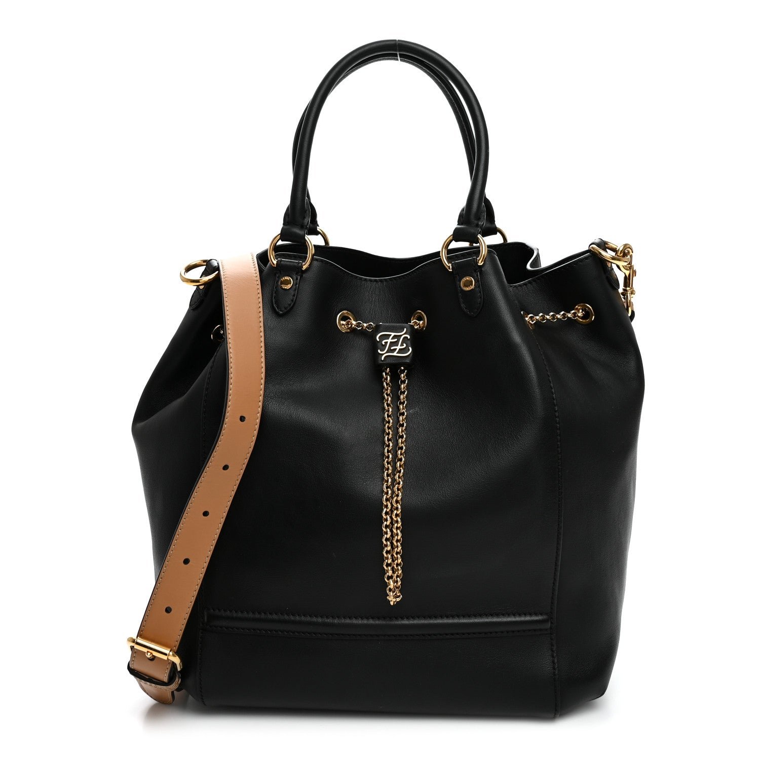 Fendi Vitello Grace King Karligraphy Chain Bucket Bag Black Bisquit