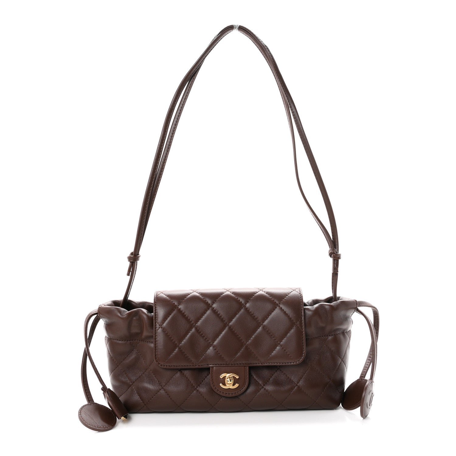 Chanel Lambskin Quilted CC Drawstring Flap Clutch With Strap Brown