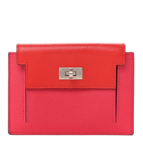 Hermes Epsom Tri-Color Kelly Pocket Compact Wallet Rouge Coeur Rose Extreme Bleu Zanzibar