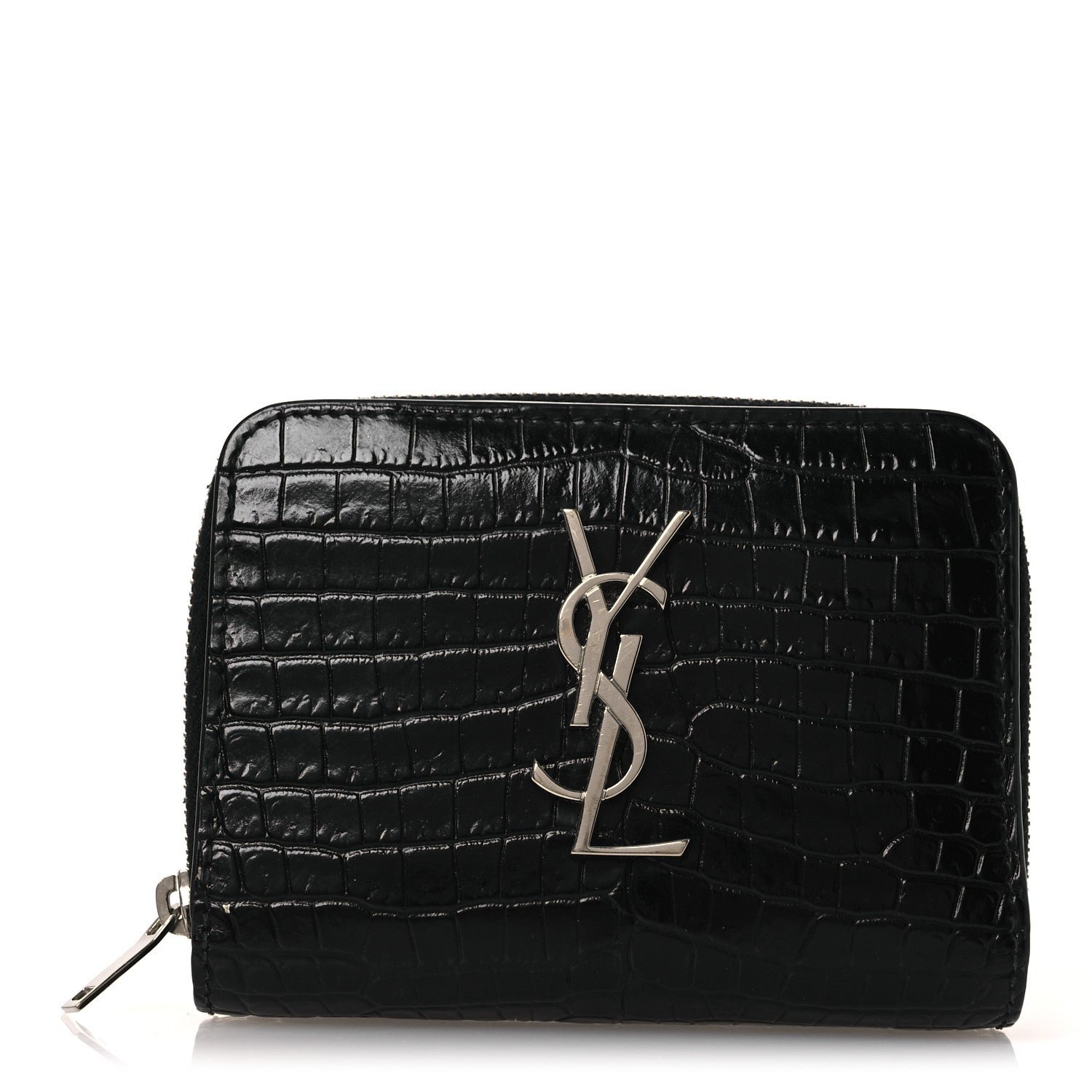 Saint Laurent Calfskin Crocodile Embossed Monogram Compact Wallet Black