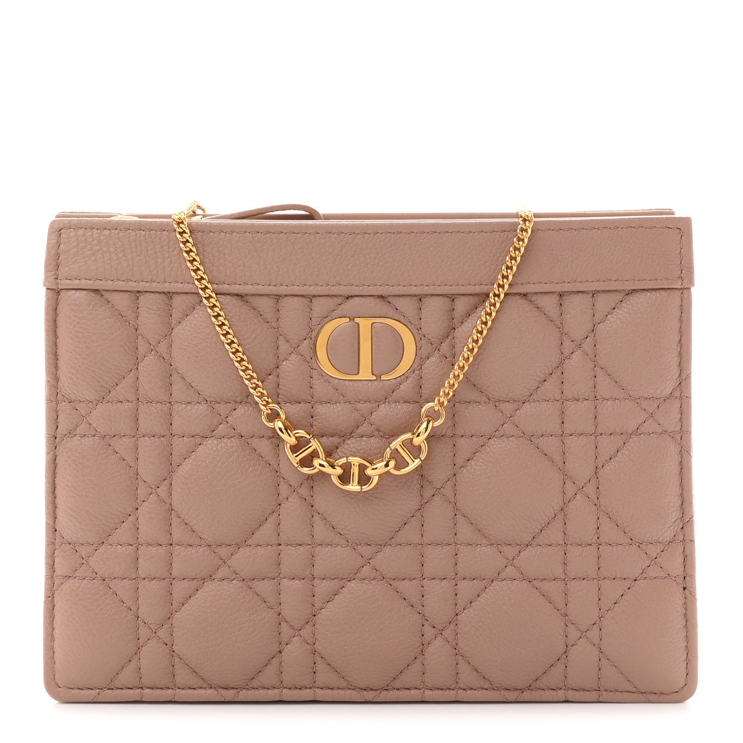 Christian Dior Calfskin Cannage Caro Zipped Pouch With Chain Rose Des Vents