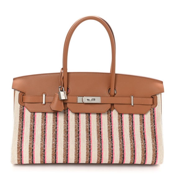Hermes Toile Swift Broderie Shoulder Birkin Light 39 Gold Fauve Rose Pop Black
