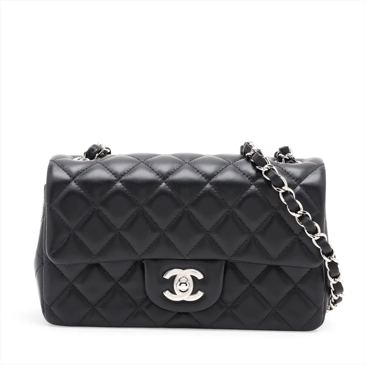 Chanel Mini Matelasse 20 Lambskin Single Flap Single Chain Bag Black Silver Meta