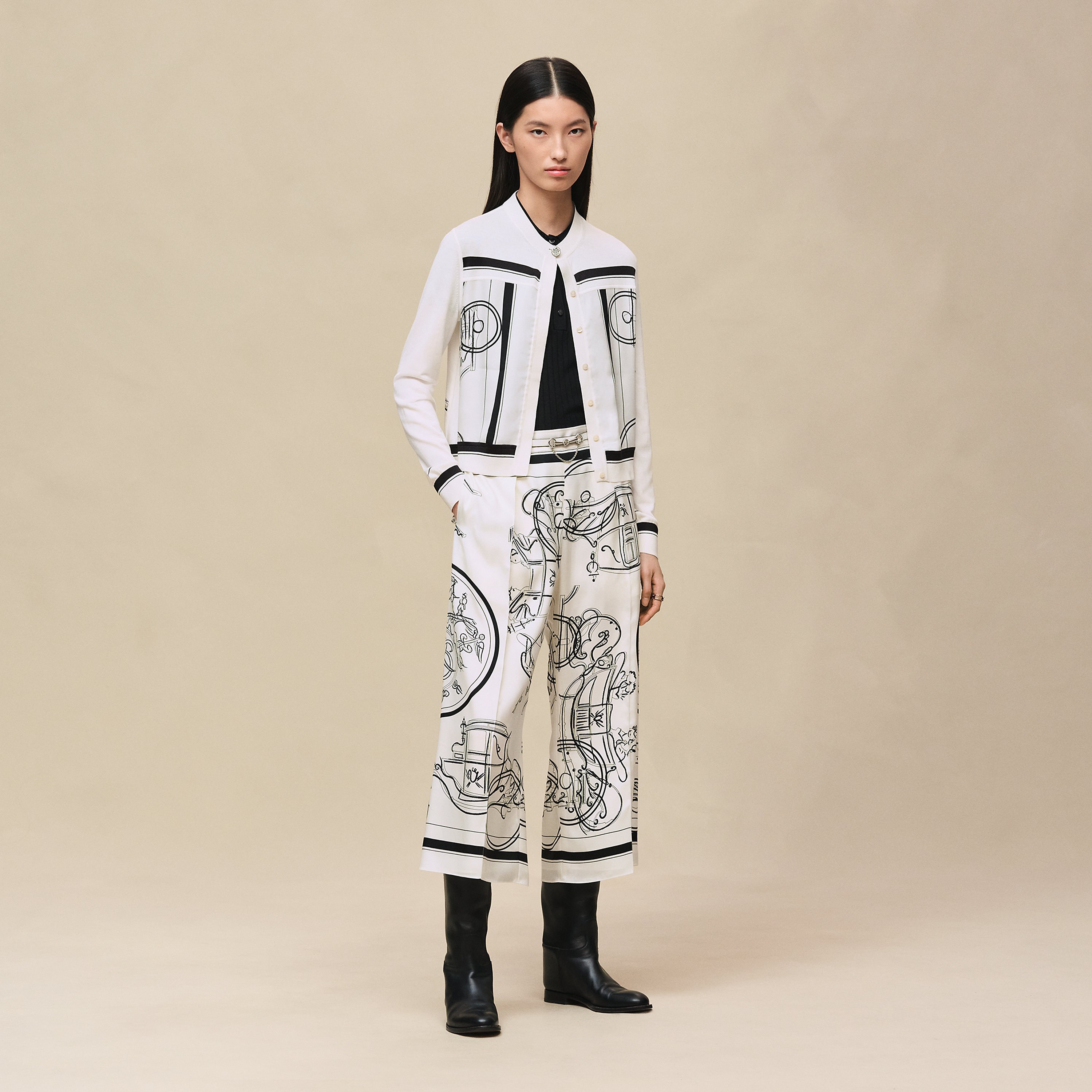 "Ex-Libris a Main Levee" long-sleeve twillaine cardigan
