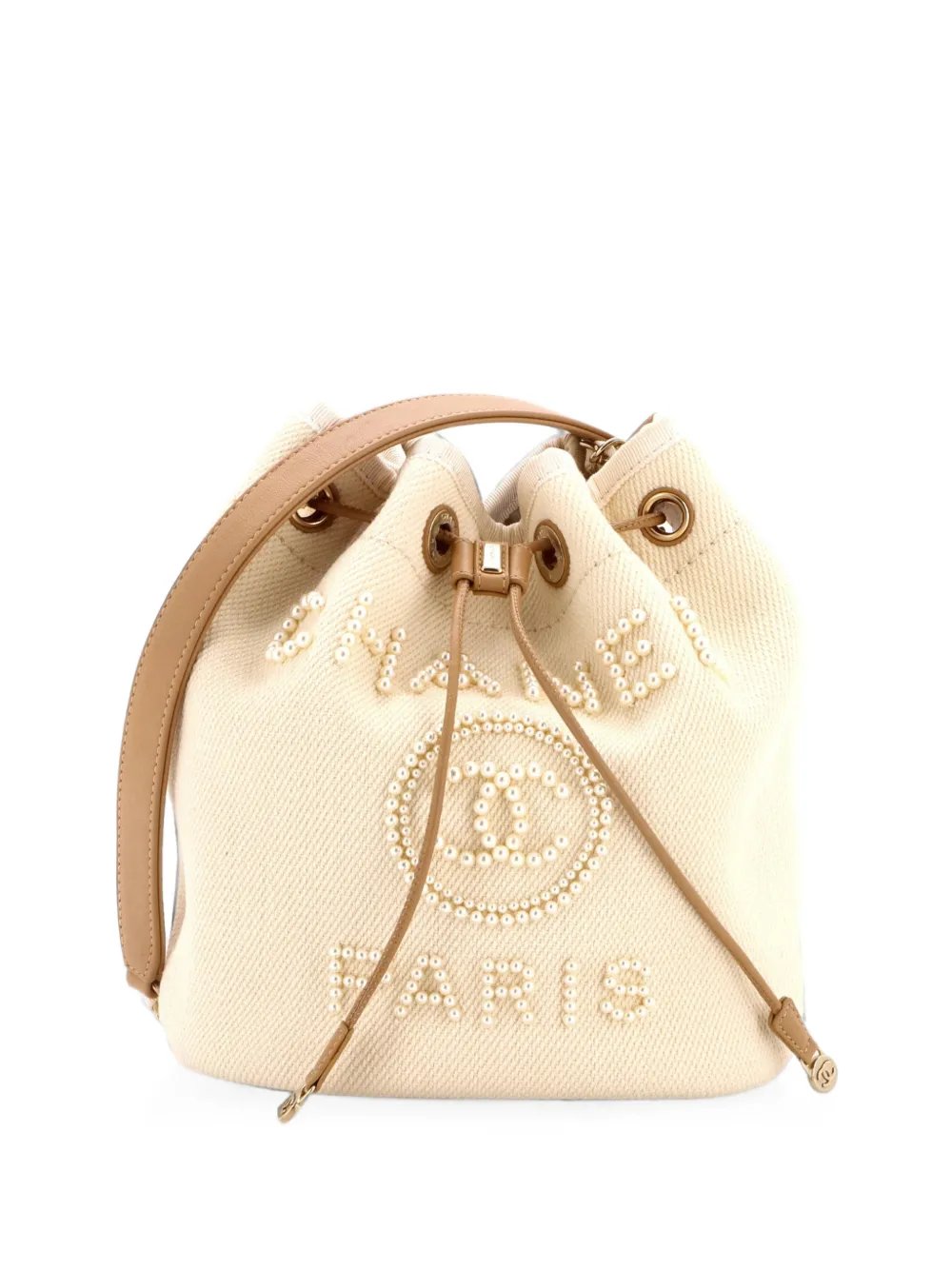 Deauville Drawstring Pearl Embellished Canvas Medium bucket bag