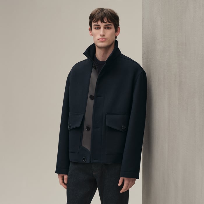 Marine Straight Cut Jacket With Leather Detail