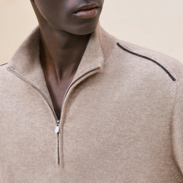 Vigoureux Cashmere "Detail Cuir" Full-zip Sweater