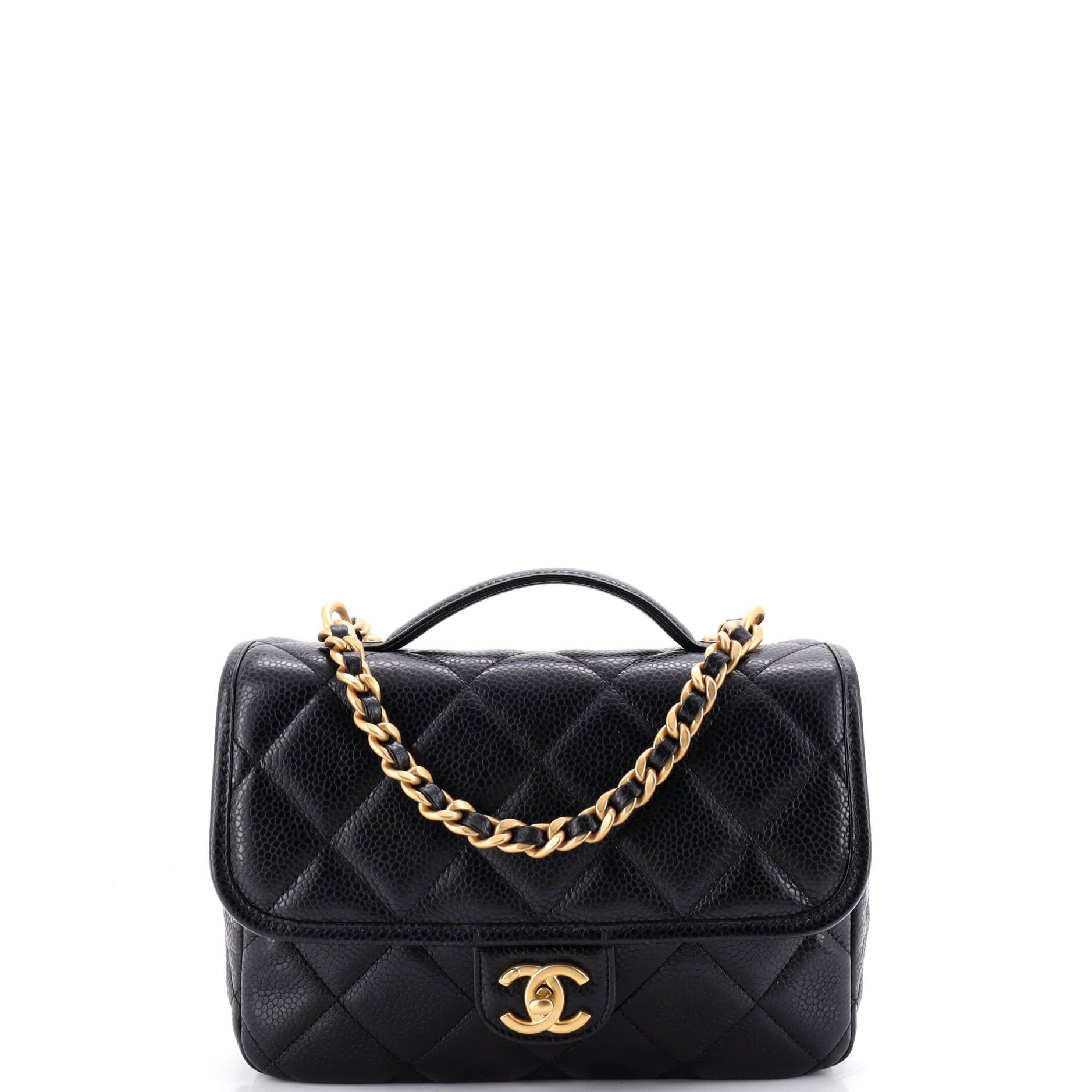 CC Chain Top Handle Square Backpack Quilted Caviar Medium