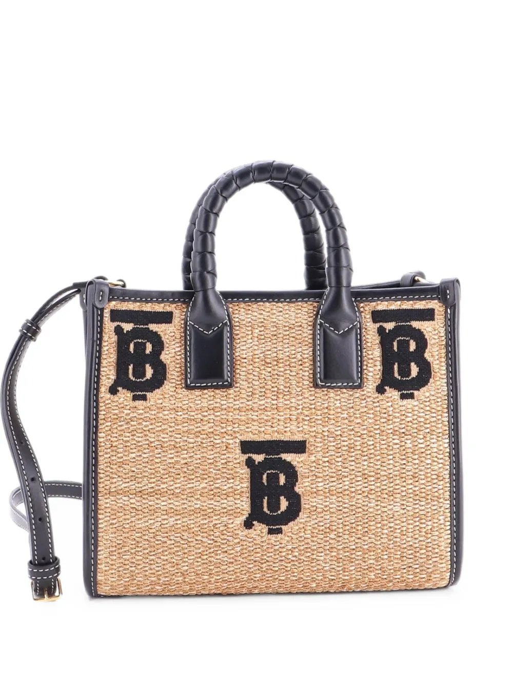 Freya Shopping Embroidered Raffia with Leather Mini tote bag