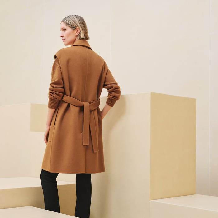 Marron Caramel Belted Cashmere Long Vest