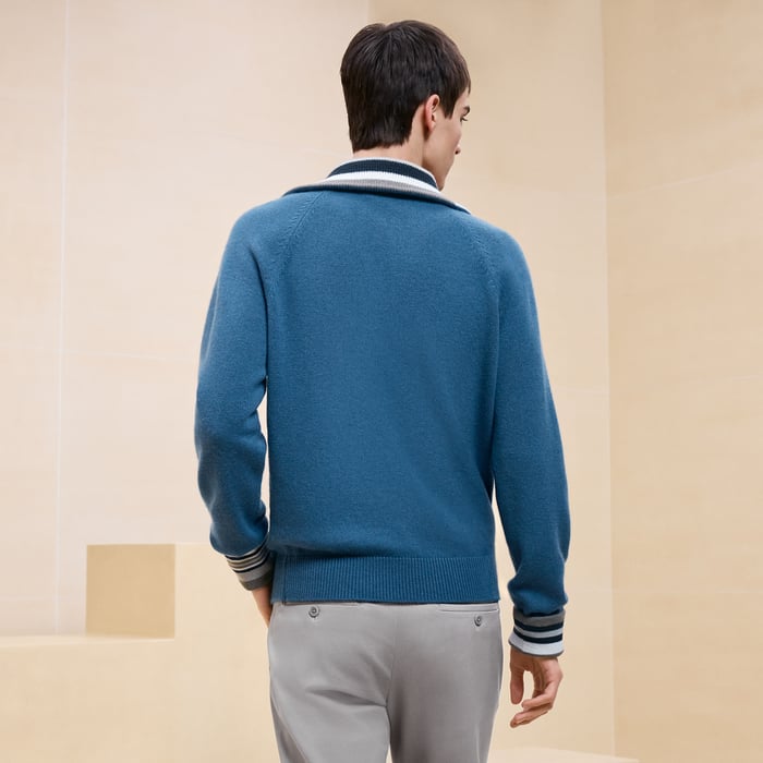 Bleu Turquin Cashmere "Rayures Asymetriques" Polo Sweater