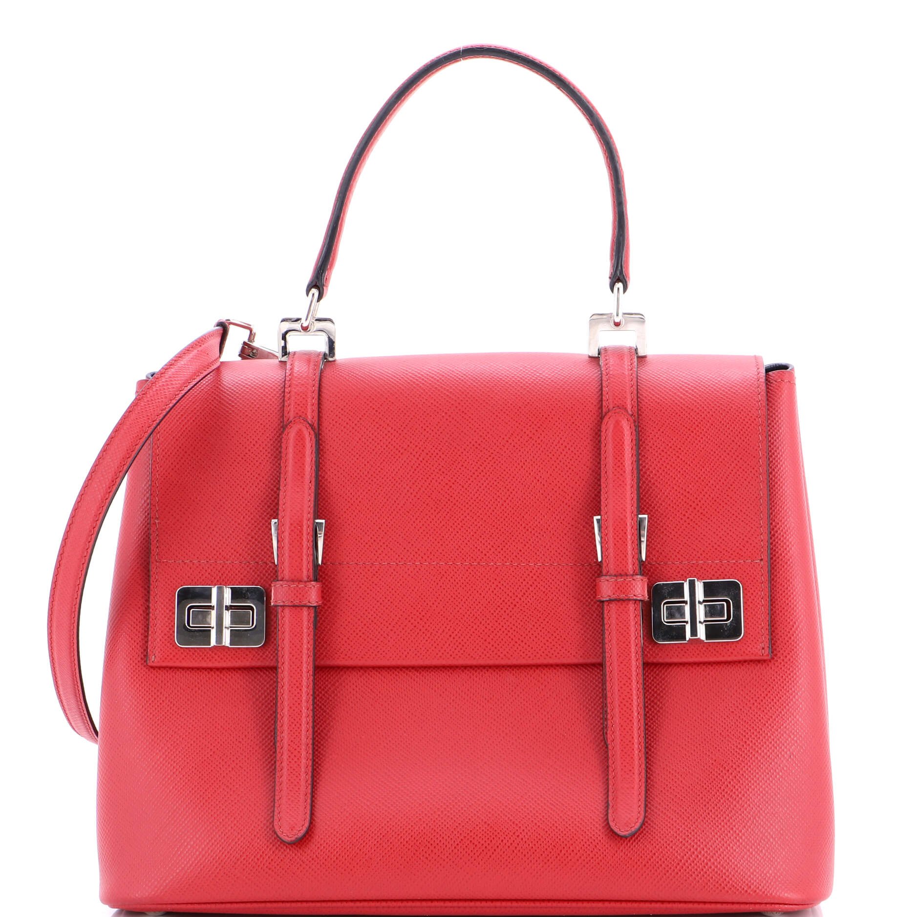Prada Half Flap Double Turn Lock Satchel Saffiano Leather Medium