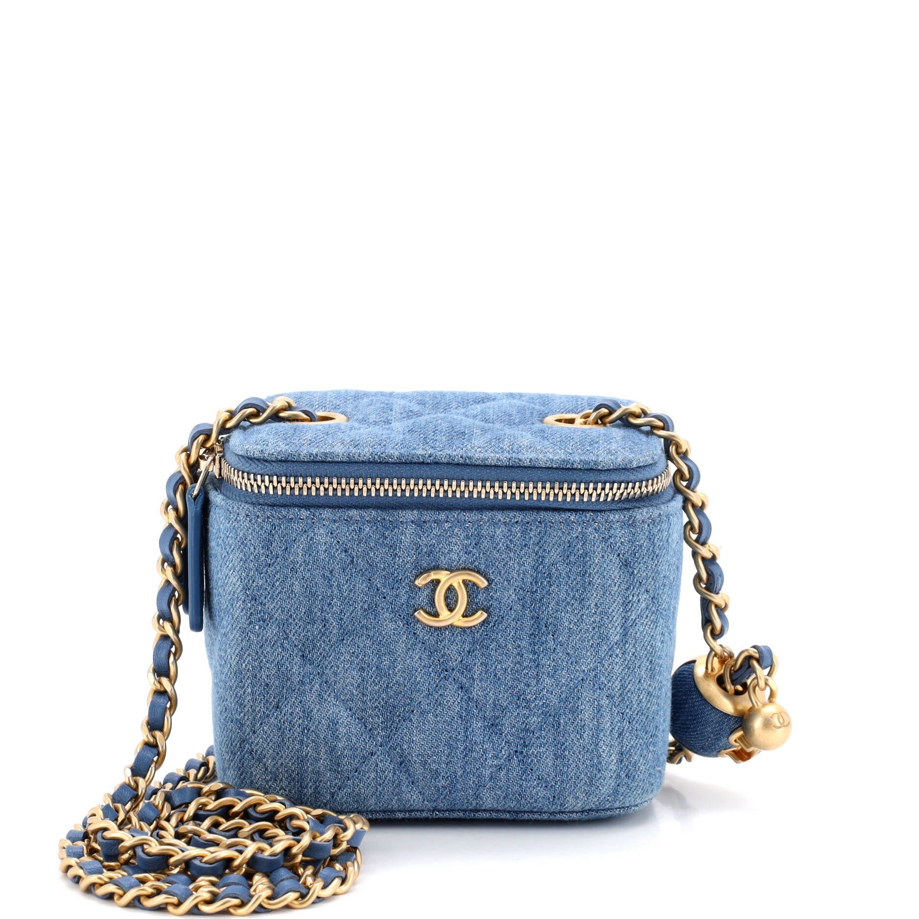 Pearl Crush Vanity Case with Chain Quilted Denim Mini