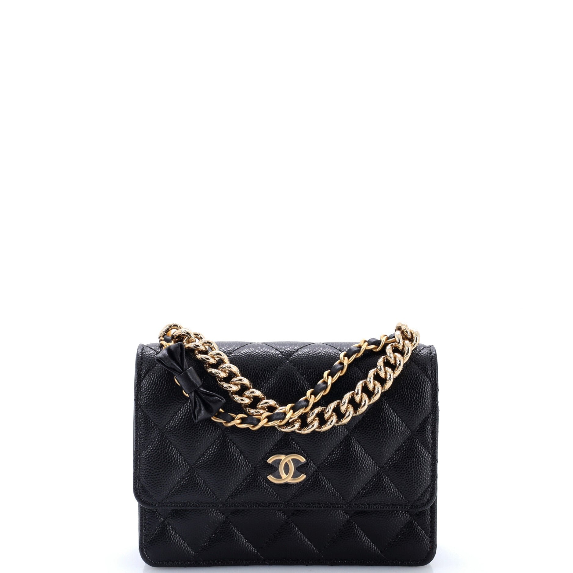 CC Bow Double Chain Handle Wallet on Chain Quilted Caviar Mini