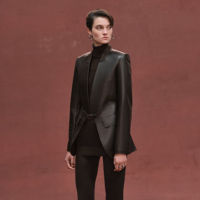 Marron Ébène Suit Jacket With Perforated Details