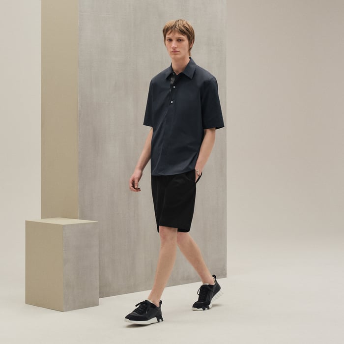 Ardoise Short-sleeve Straight Cut Shirt With Leather Detail