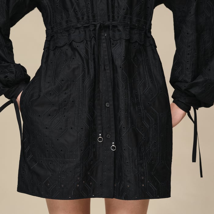 Noir Robe Coulissée Brodée