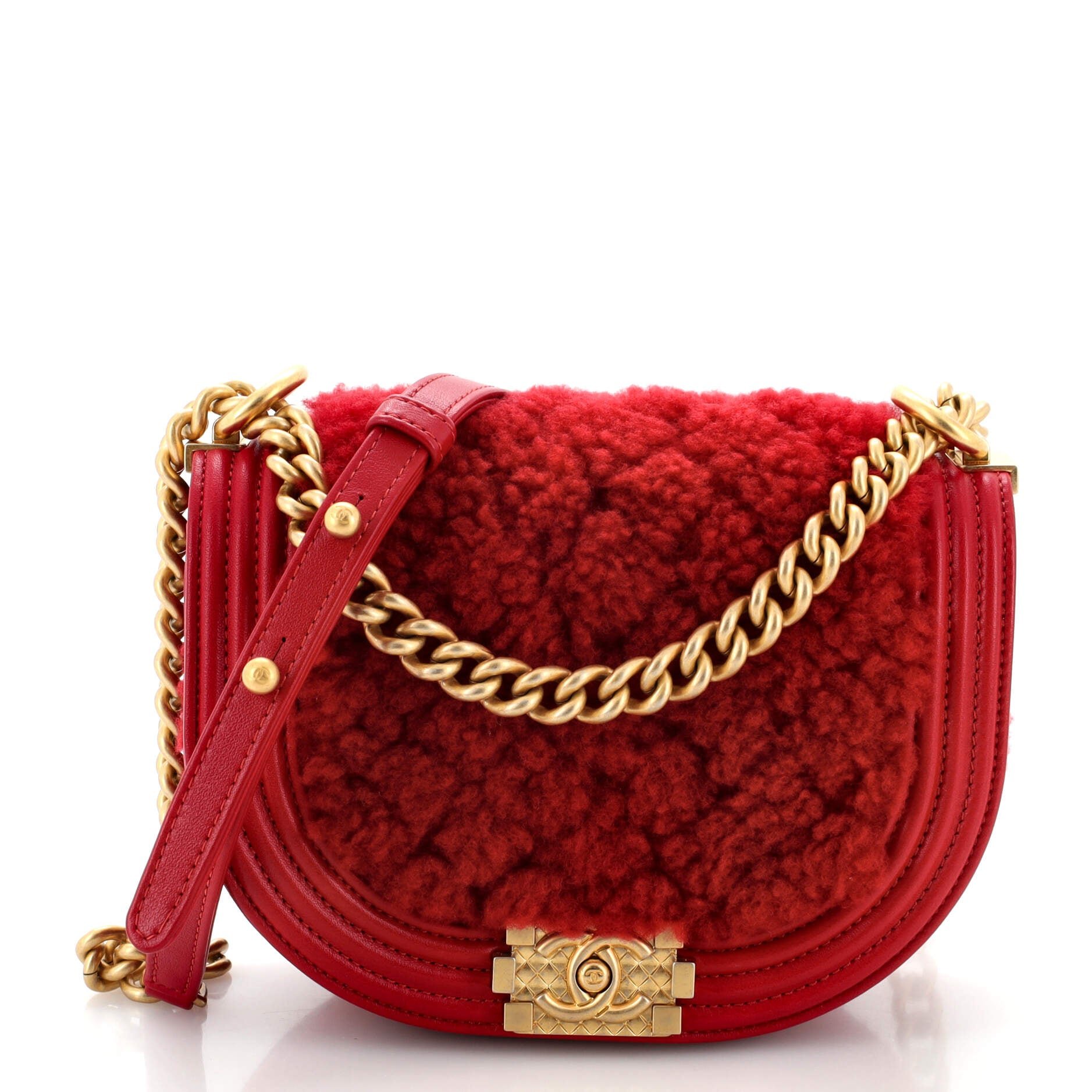 Chanel Boy Curved Messenger Bag Shearling with Leather Small