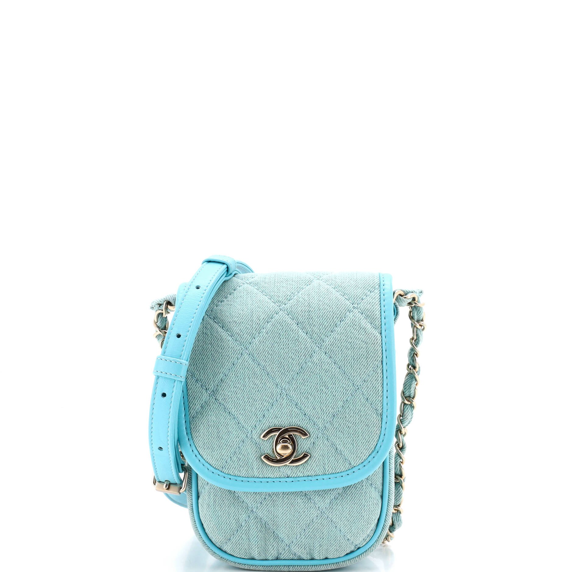 Flap Clutch with Chain Quilted Denim Mini