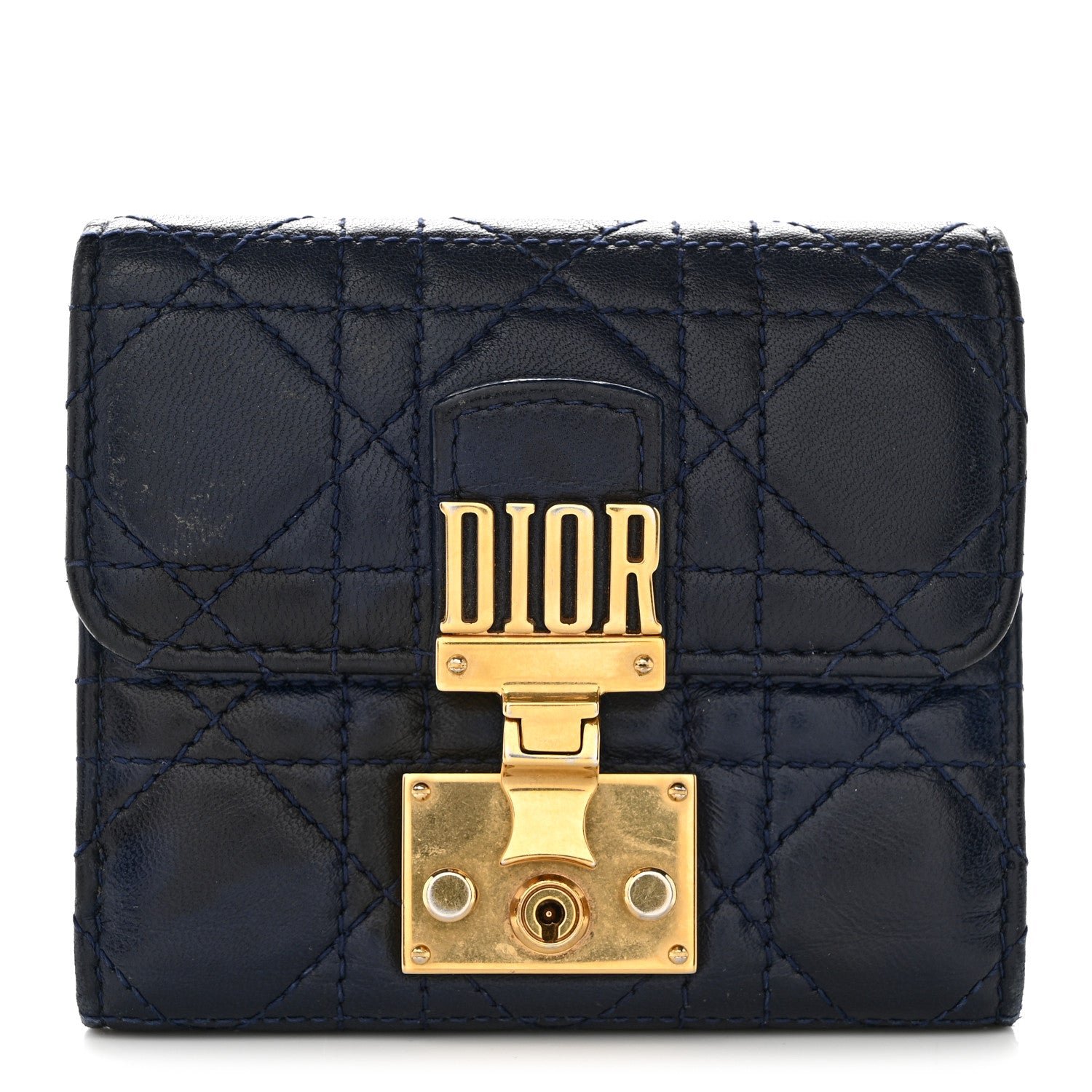 Christian Dior Lambskin Cannage Dioraddict Flap Wallet Navy