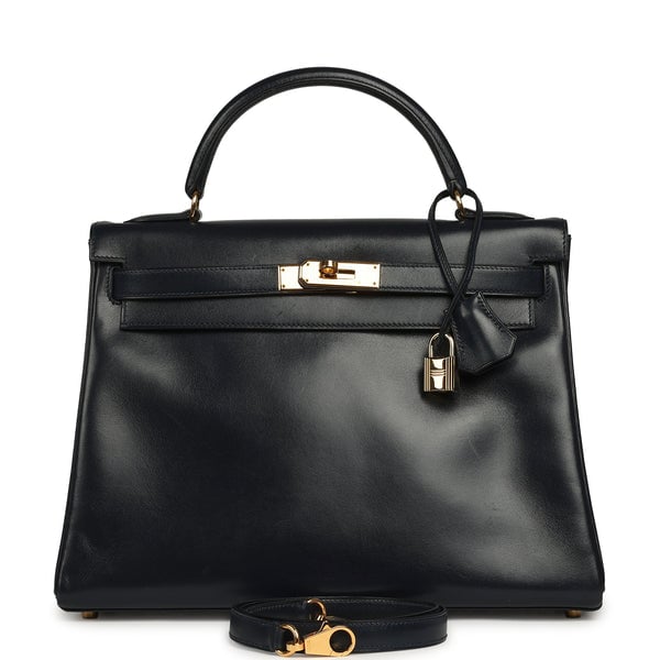 Vintage Hermes Kelly Sellier 32 Bleu Indigo Box Gold Hardware