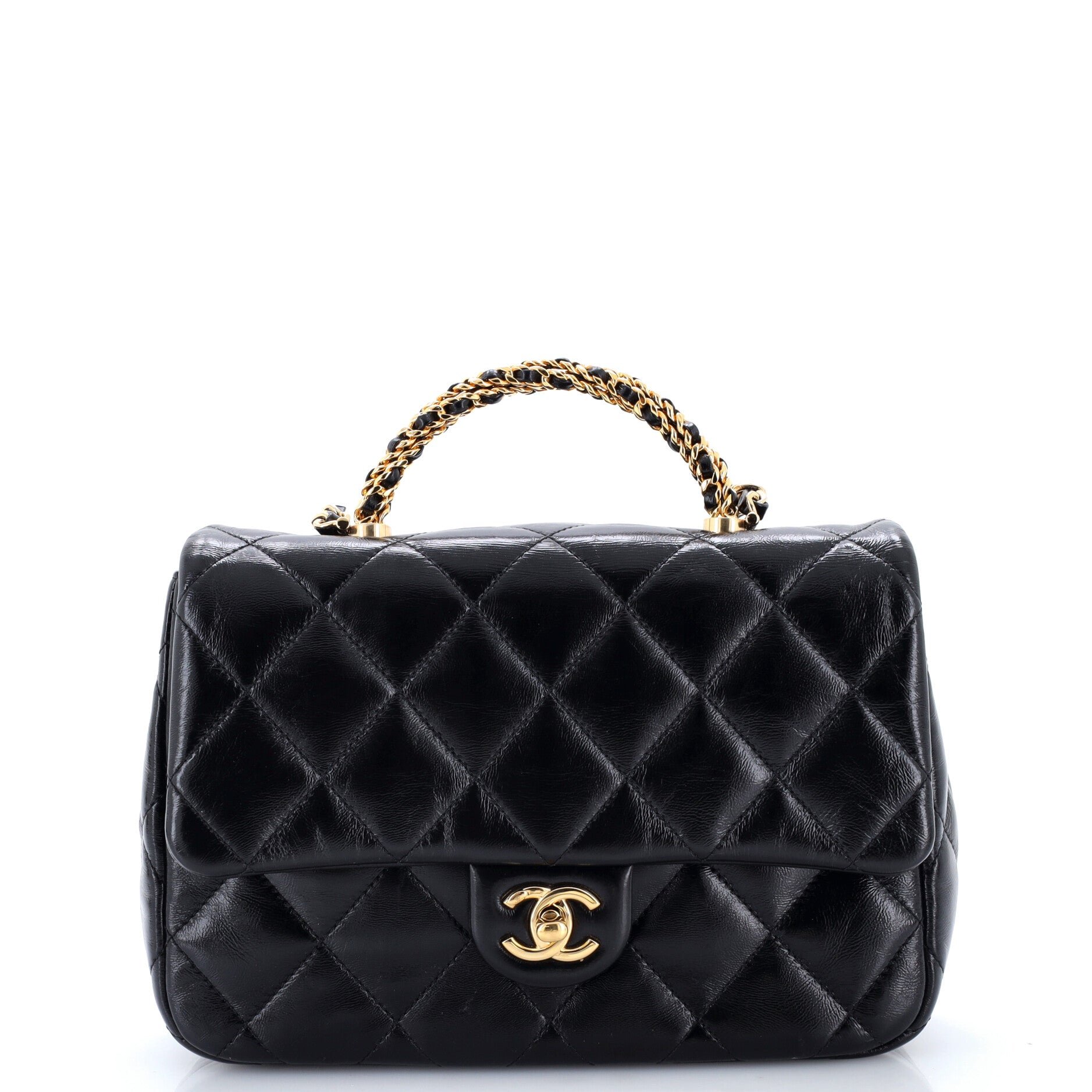 Twisted Chains Top Handle Fap Bag Quilted Shiny Lambskin Medium