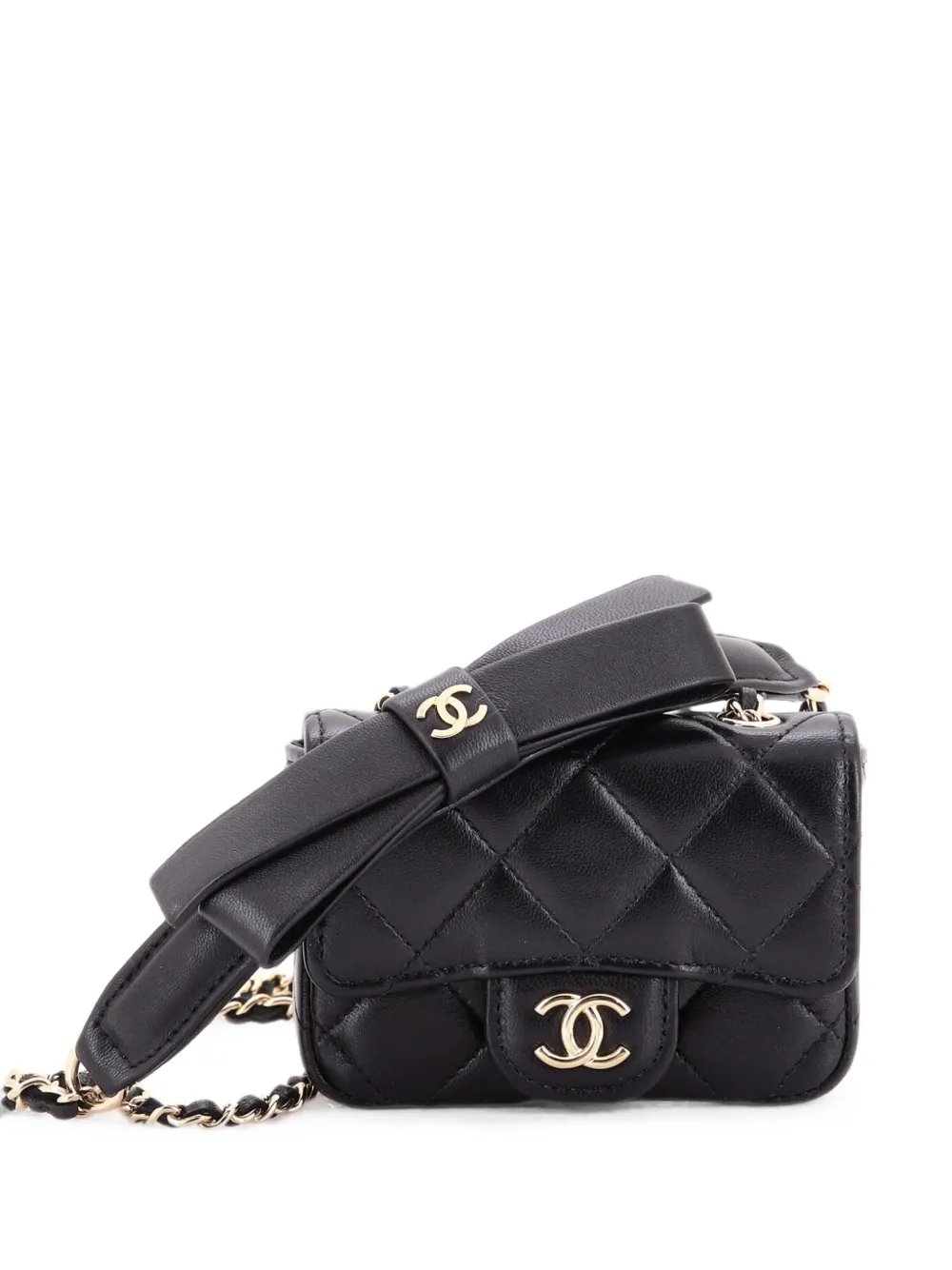 Bow Strap Card Holder on Chain Quilted Lambskin clutch bag