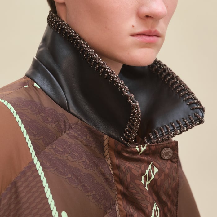 Marron Bois "Dressage Tressage" Mixed Leather Short Puffer Coat
