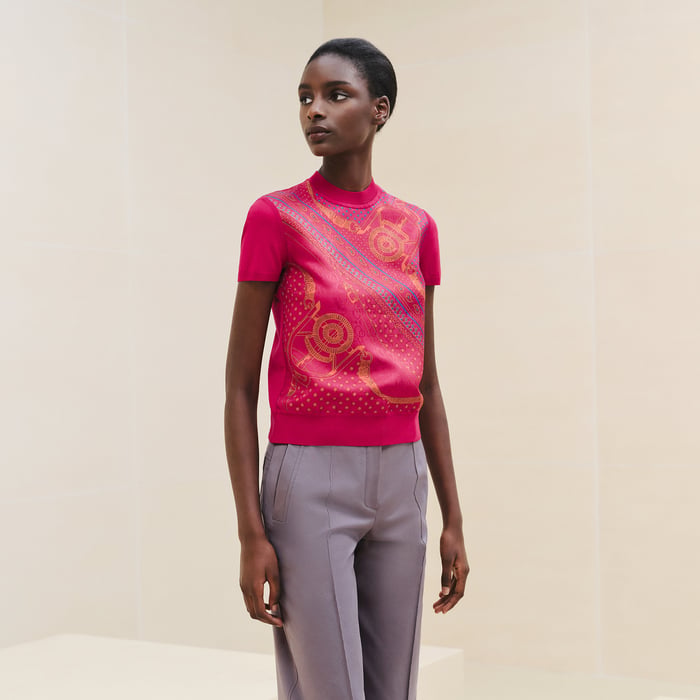 Rose Canneberge "Eperon d'Or Bandana" Short-sleeve Twillaine Sweater