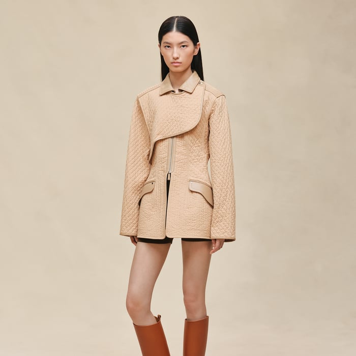 Beige Cajou Short Coat With Leather Details