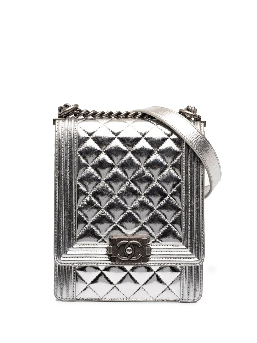 2019 Quilted Metallic Goatskin North South Boy Flap crossbody bag