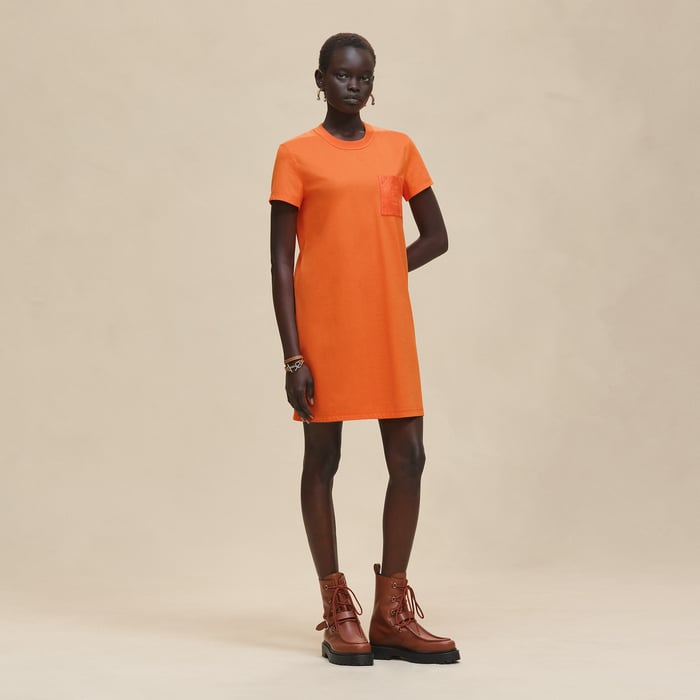 Orange Pop Embroidered Pocket Dress