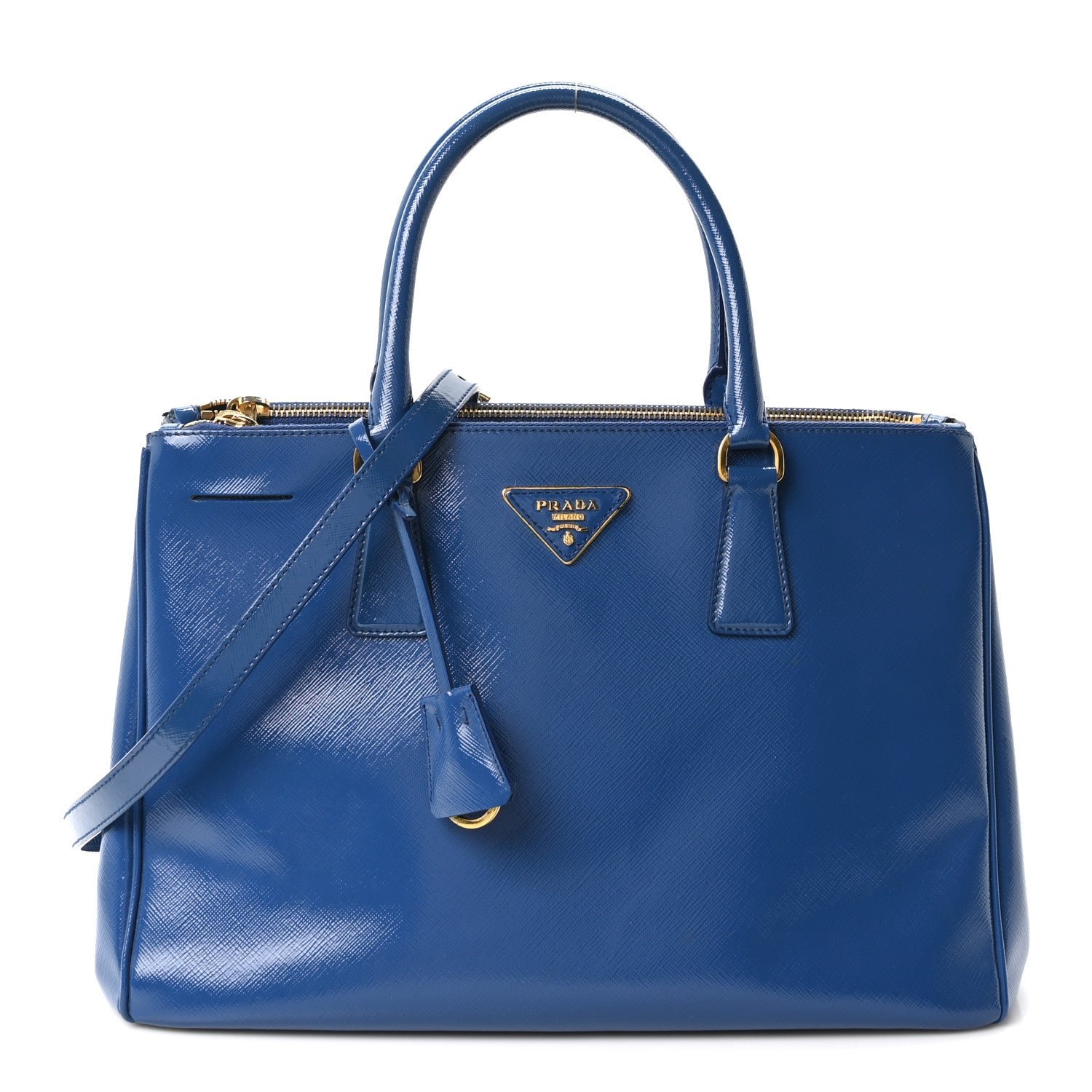 Prada Saffiano Vernice Medium Galleria Double Zip Azzurro Azzurro