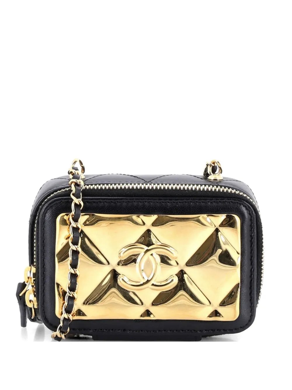 Golden Plate Zip Around Vanity Case with Chain Quilted Metal and Lambskin Extra Mini clutch bag