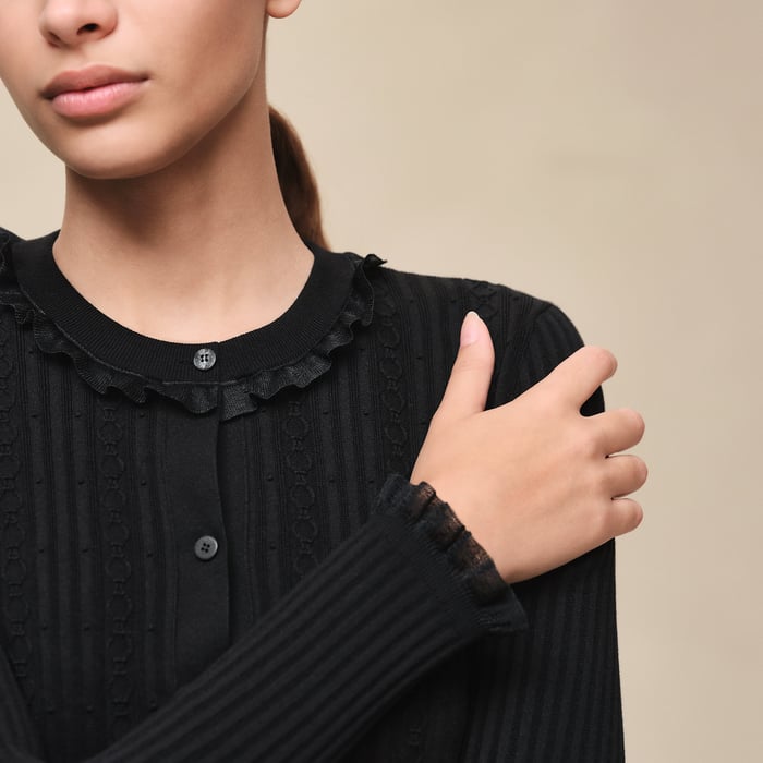 Noir Long-sleeve Cardigan With Ruffled Details