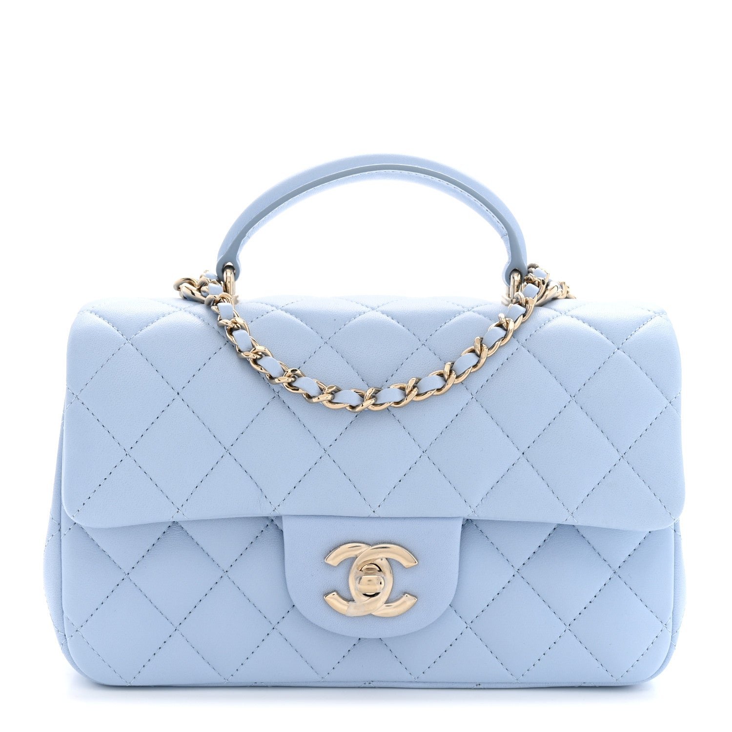 Chanel Lambskin Quilted Mini Top Handle Rectangular Flap Light Blue