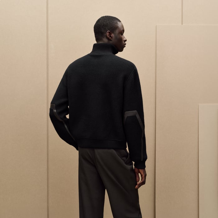 Noir Full-zip Sweater With Leather Detail