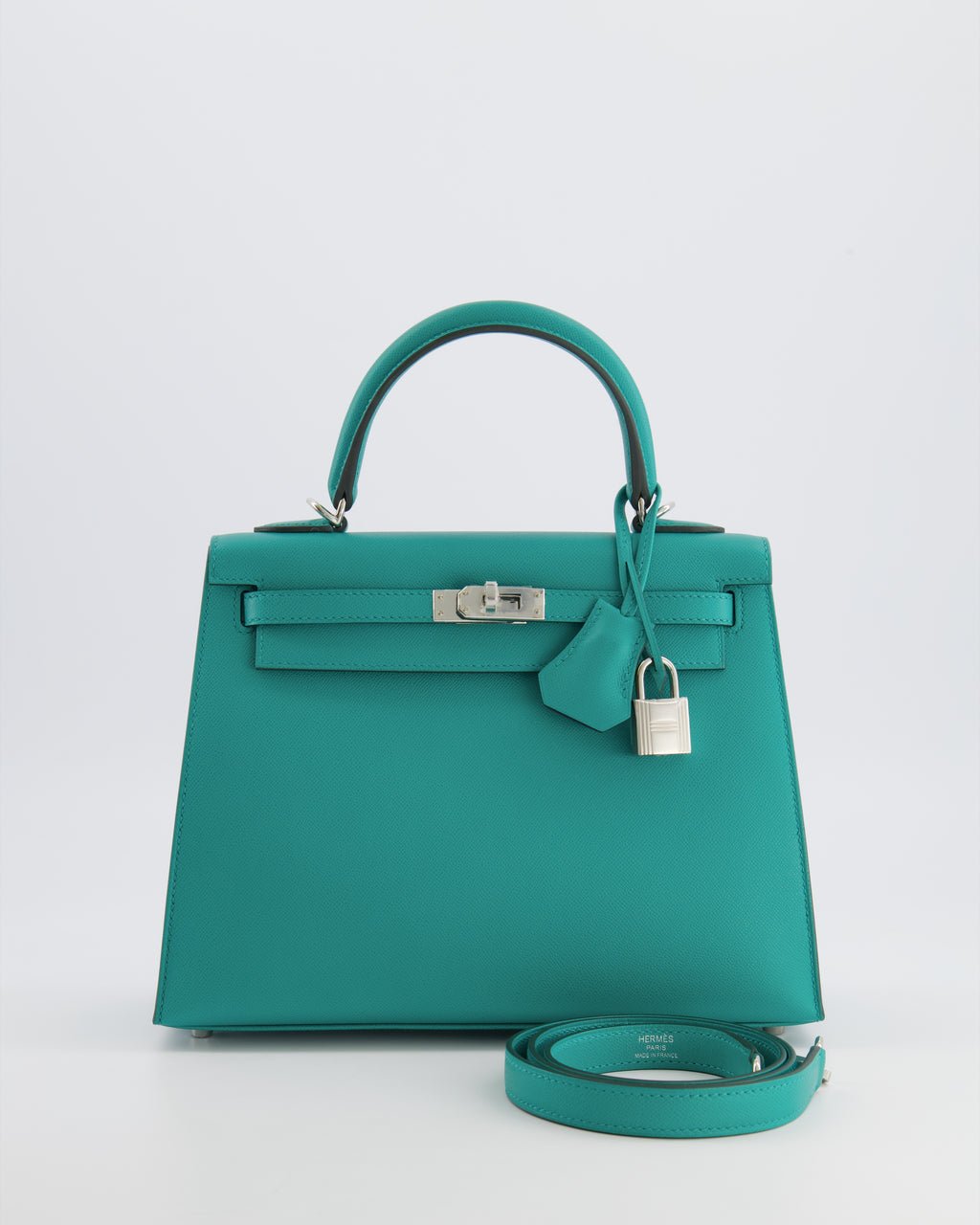 Hermès Kelly II 25 Sellier Verso Bag in Vert Verone Veau Madame Leather with Palladium Hardware and Bleu Navy Interior