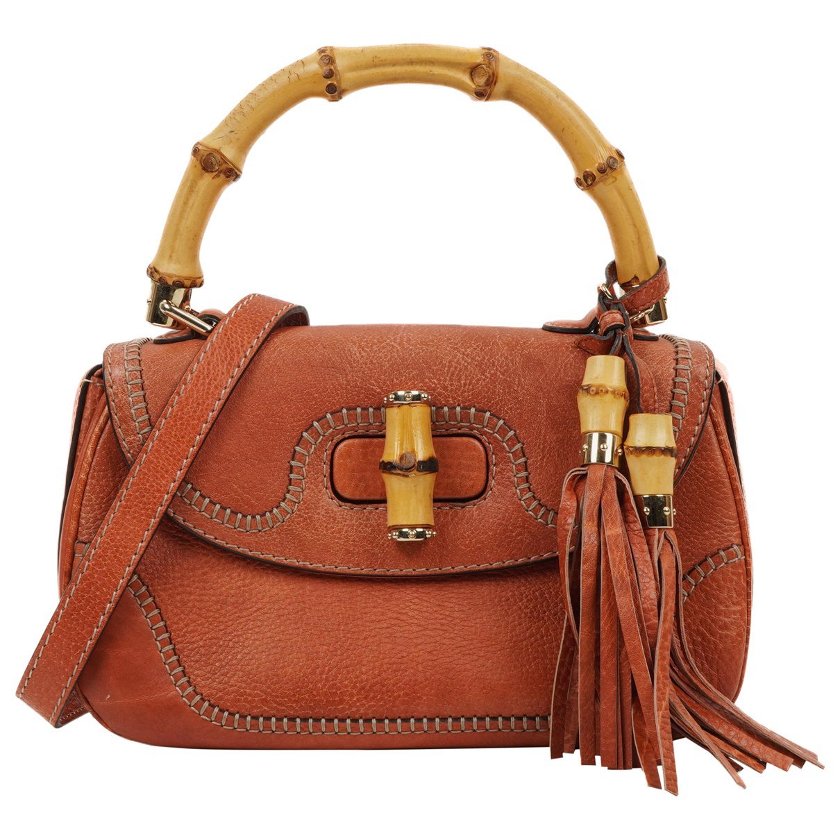 Convertible Pompon Bamboo Top Handle leather handbag
