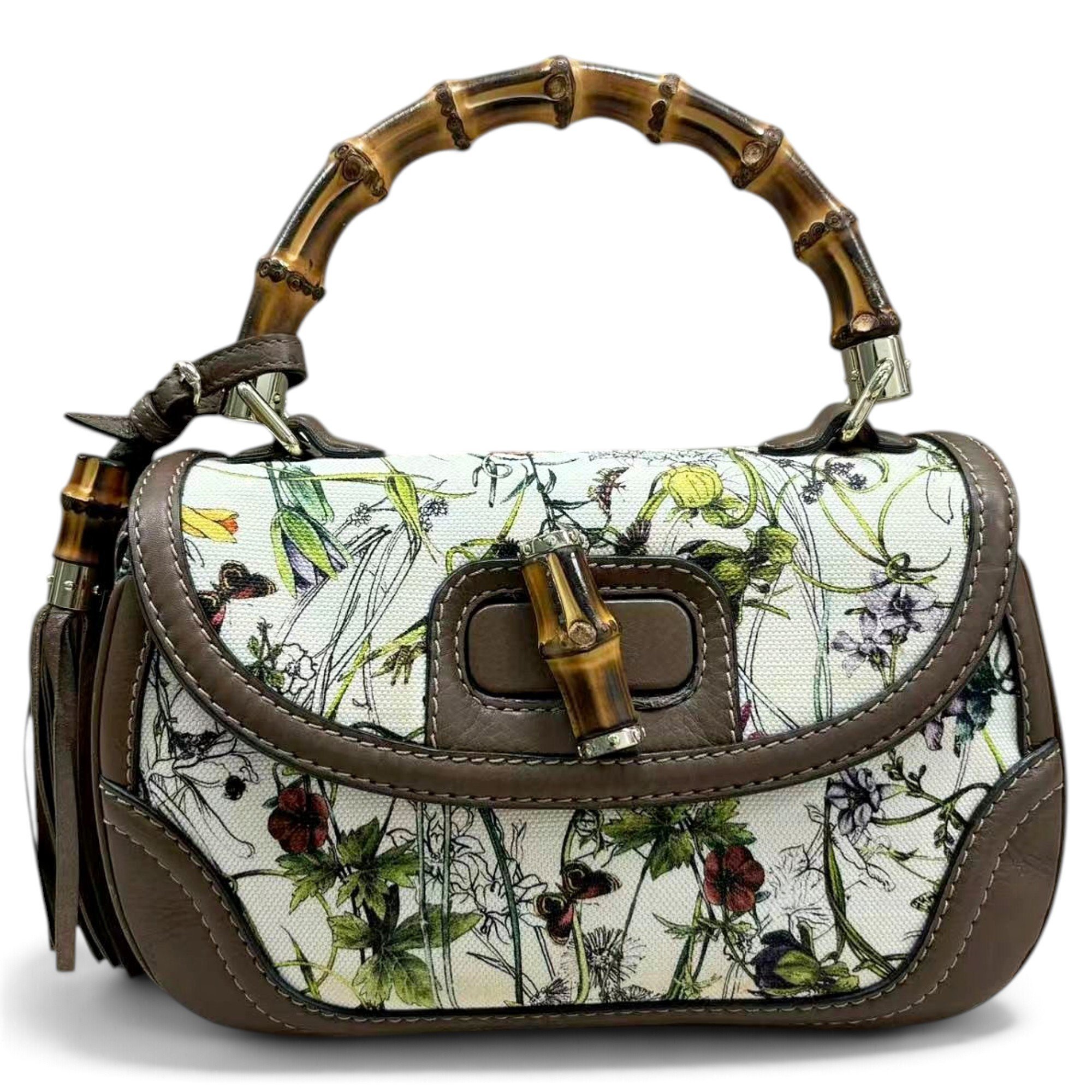 Convertible Pompon Bamboo Top Handle cloth handbag
