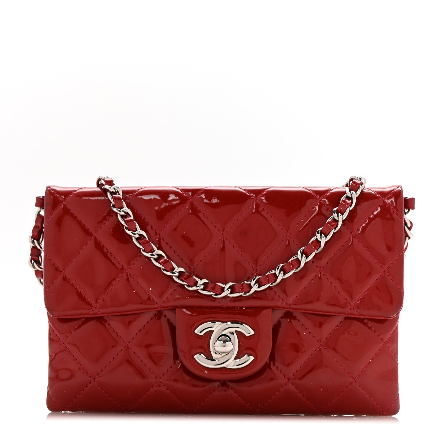 Chanel Patent Quilted Mini Flap Clutch With Chain  Red