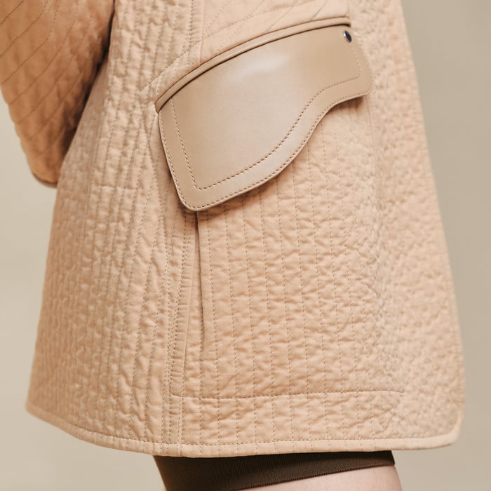 Beige Cajou Short Coat With Leather Details