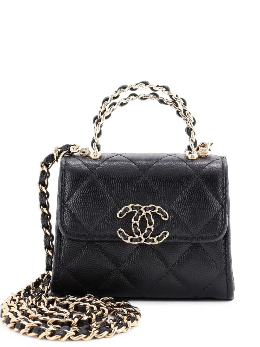 Woven Chain CC Top Handle Flap Clutch with Chain Quilted Caviar Mini crossbody bag