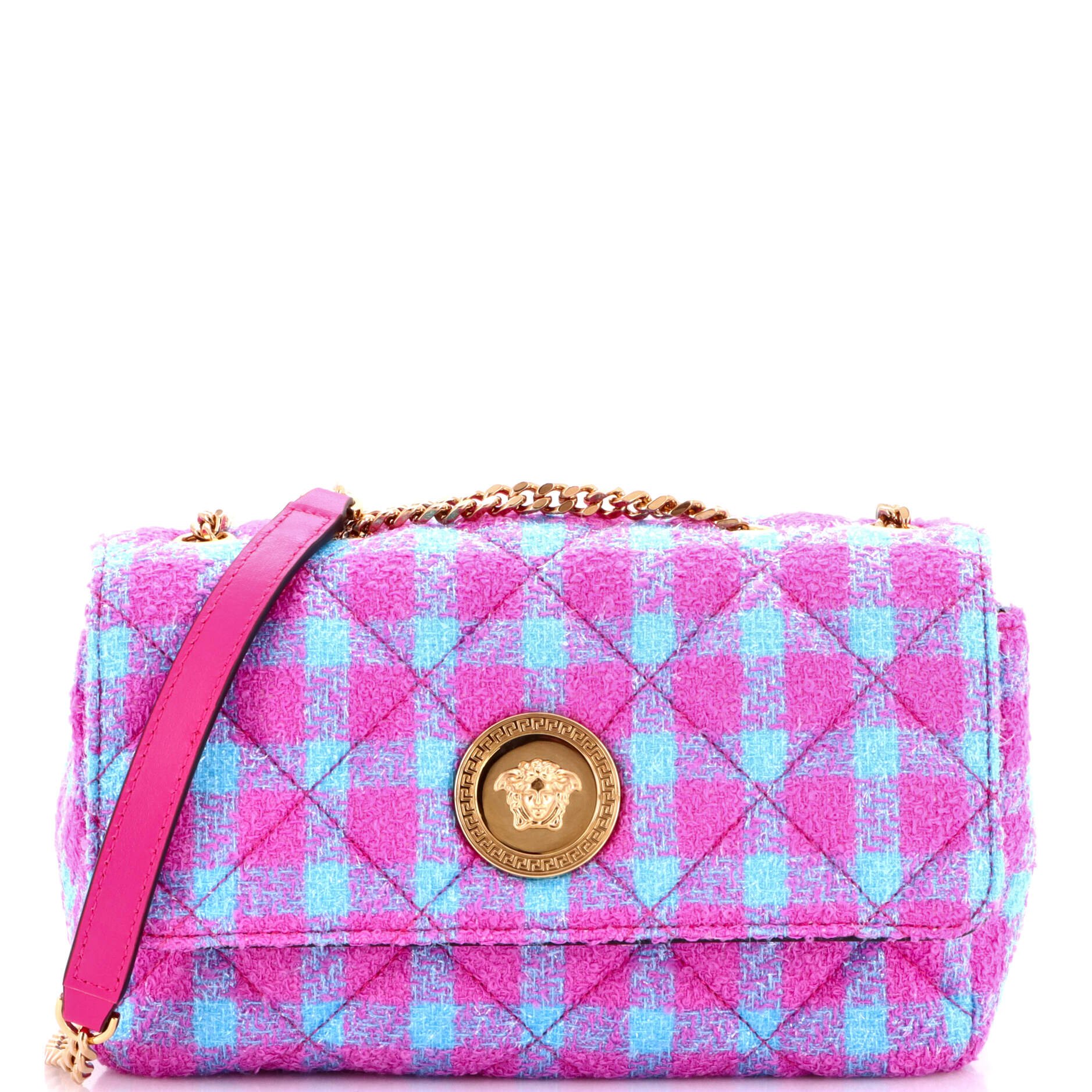 Versace Medusa Icon Chain Flap Bag Quilted Tweed East West