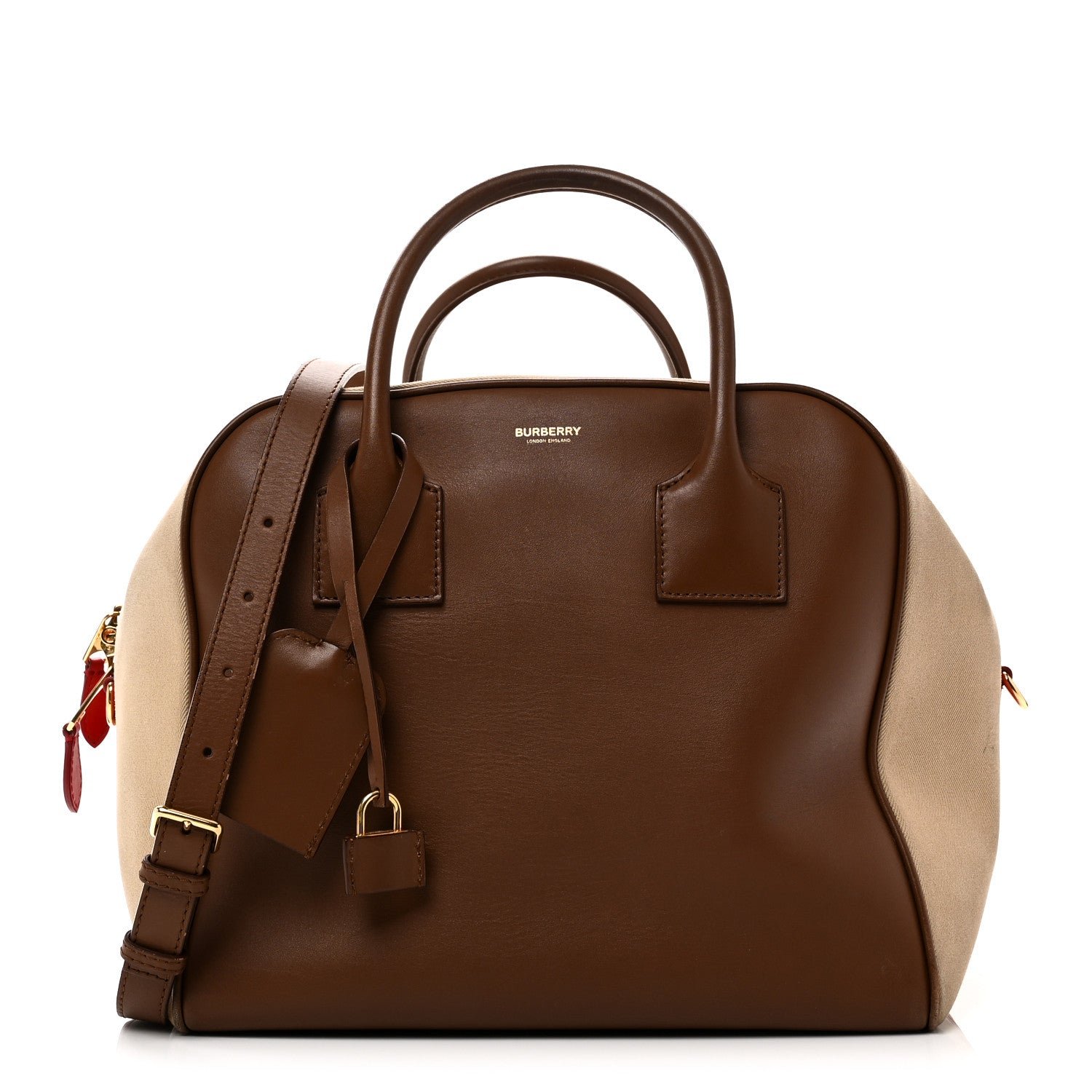 Burberry Smooth Calfskin Canvas Medium Cube Bowling Bag Malt Brown